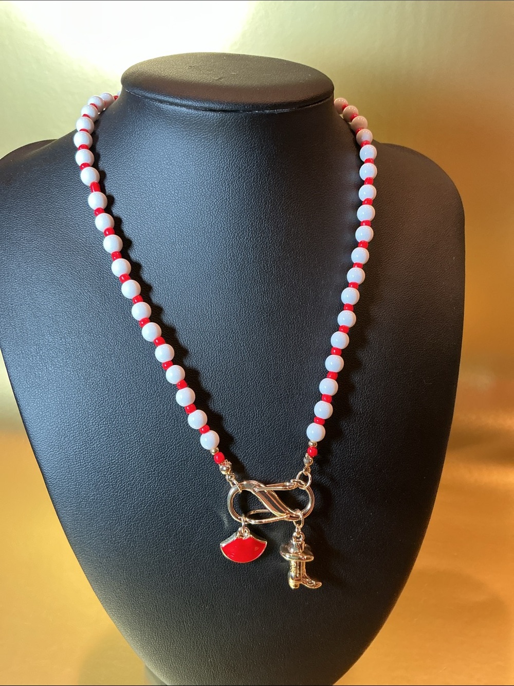 Mayamar Red & White Beaded Charm Necklace with Gold Accents